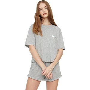 Trendyol Vrouwen Effen Ruche gedetailleerde Midden Gebreide T-shirt-Korte Pyjama Set, Grijs, XS