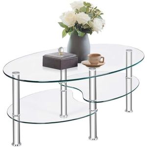 FANTASK Glazen tafel, 3 niveaus, salontafel, transparant, woonkamertafel, banktafel, glazen bijzettafel voor thuis en op kantoor