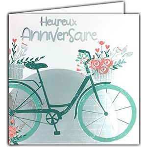 Kaart, vierkant, zilverkleurig, felicitatie, voor verjaardag, fiets, dames, mand, bloemen, boeket bloemen