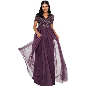 Maya Deluxe Dames jurk voor bruiloft gast plus size rijk hoge taille pailletten korte mouw avond bruidsmeisje, Bessen, 38