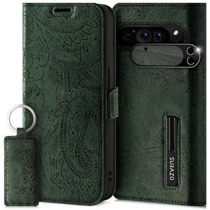 SURAZO Slim magnetische telefoonhoes voor Google Pixel 9 Pro, klaphoes van echt leer, met kaartenvak, RFID-bescherming, camerabescherming, portemonneehoes (groen)