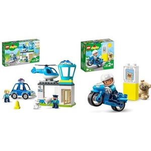 LEGO DUPLO Politie Station & Helikopter met Lichten en Sirene Plus Helikopter, vanaf 2 Jaar, 10959 & LEGO DUPLO Politiemotor vanaf 2 Jaar met motor, Politieagent en Honden Figuur, 10967