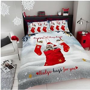Kerstmis dierenbeddengoedset, kingsize bed, polykatoen, huisdierbeddengoedset, Noel-bedrukt dekbedovertrek, grijs/rood