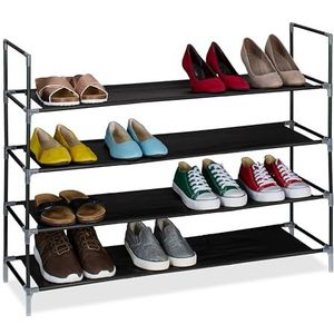 Relaxdays schoenenrek, 4 etages, HBD: 75x100x28 cm, metalen opbergrek schoenen, stoffen planken, hal, zwart/transparant