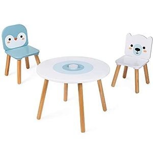 Janod - Tafel en 2 houten ijsschotelstoelen - ronde kindertafel met afneembare potloodhouder - 1 ijsberstoel en 1 pinguïn stoel - ideaal voor kinderen vanaf 3 jaar, J09650