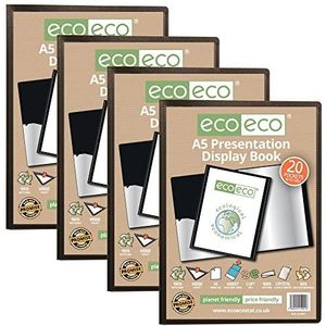 eco-eco A5 formaat 50% gerecycled 20 pocket zwart presentatie display boek, opbergkoffer portfolio kunst map met plastic mouwen, eco001x4, (Pack van 4 boeken)