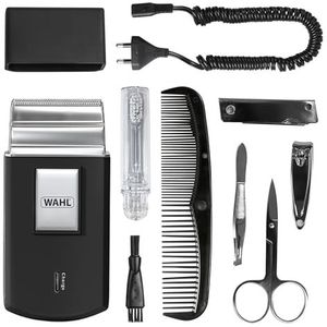 WAHL Travel Shaver Kit, Flexibele Folie, Inclusief Tandenborstel, Nagelvijl, Nagelschaar, Pincet, Kam, Geen Snijwonden, Perfect voor Reizen, Klein, Reistasje, Zilver met reiskit