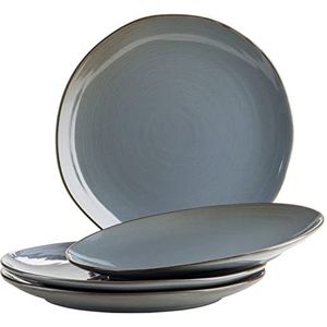 MÄSER Serie Nottingham Set van 4 borden met filigraan lijnspel en edele glazuur, platte borden van keramiek in moderne vintage look, steengoed, grijs-blauw