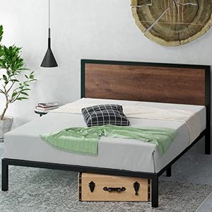 Zinus Mory Bed 135 x 190 cm - hoogte 30 cm - Platformframe van metaal en hout met hoofdeinde en houten lattenhouder - bruin