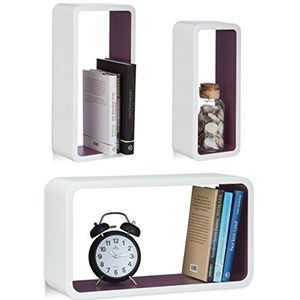 Relaxdays Wandrek set van 3 mat gelakt, XL decorplank in verschillende maten, belastbaar tot 10 kg, wit-paars