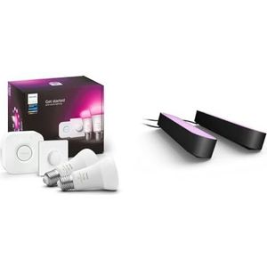 Philips Hue Starterkit - 2 Lampen - E27 - Wit en Gekleurd Licht & Philips Hue Play Tafellamp 2-Pack Basis Set - Verbind met Hue Bridge - - Zwart