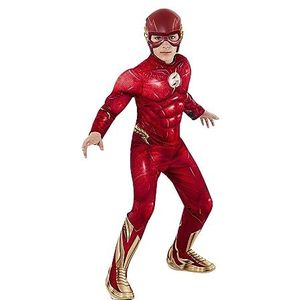 Rubies The Flash Deluxe kinderkostuum, jumpsuit met gespierde borst, laarsovertrek en masker, officiële DC Comics, The Flash voor carnaval, Halloween, feest en verjaardag, M