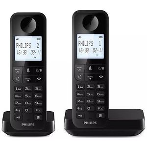 Philips Duo D2702B Draadloze vaste telefoon, 11,6 cm (4,6 inch), verticale microfoon, handsfree, tot 14 uur, geoptimaliseerde antenne, twee telefoons, zwart