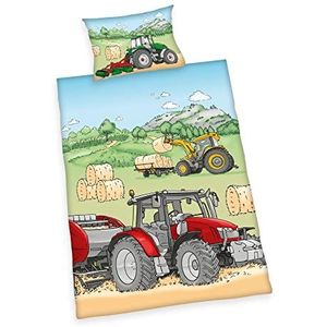 Herding Tractor beddengoedset, groen gemaakt door OEKO TEX, kussensloop ca. 40 x 60 cm, dekbedovertrek ca. 135 x 100 cm, met knoopsluiting, 100% katoen/flanel, wit/beige