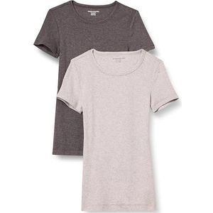 Amazon Essentials Women's T-shirt met korte mouwen en ronde hals in slanke pasvorm, Pack of 2, Houtskoolzwart/Lichtgrijs, XS
