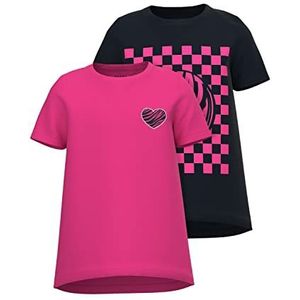 NAME IT Girl's NKFVIOLET 2P SS Loose TOP B Shirt met korte mouwen, zwart/pak: roze garrow, 122/128, zwart/pakket: roze garen, 122/128 cm