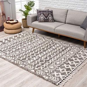 Vloerkleed hoogpolig woonkamer - etnische boho-stijl 100x300 cm grijs crème - tapijten met franjes