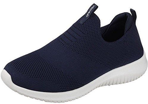 Skechers Ultra Flex First Take sneakers voor dames, marineblauwe gebreide mesh-rand, gebroken witte rand, 41 EU