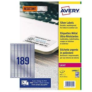 Avery L6008-5 Resistant Labels, Zilver (A4-vel van 25 x 10 mm, 945 Labels)