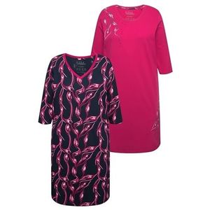 Ulla Popken Dames Bigshirts, set van 2, V-hals/ronde hals, 3/4-mouw nachthemd, fuchsia, 62/64, fuchsia, 62/64