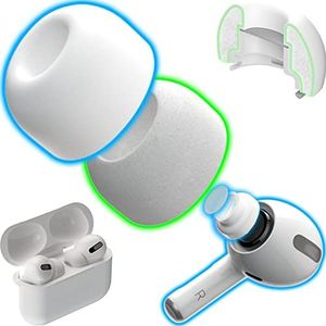 CharJenPro Gepatenteerde ontwerp Memory Foam oordopjes voor AirPods Pro en AirPods Pro 2 w/siliconen schild. AirFoams Pro Active 2.0 gaat 5x langer mee. 2 x reservepunten. Zoals te zien op