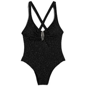 Koton Dames uitgesneden en metalen accessoire detail geruite glitter zwempak, zwart (999), 34