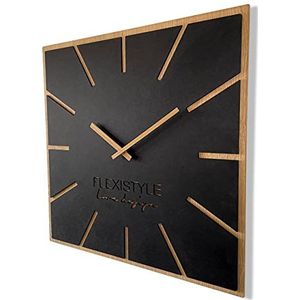 FLEXISTYLE Moderne grote wandklok vierkant hout Exact ECO, stilte, woonkamer, slaapkamer, Made in EU (zwart, 60 cm)