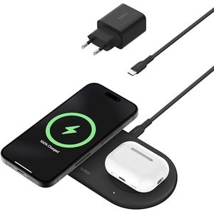 Belkin BoostCharge Pro 2-in-1 draadloos laadstation met magnetische Qi2 (15 W), Draadloze oplader voor iPhone, Compatibel met iPhone 15-serie, AirPods en andere MagSafe-apparaten - Zwart