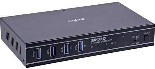 InLine KVM Switch 2-voudige HDMI 2.1, 8K @60Hz, USB 3.2, HDR10+, Dolby Atmos, IR & Hotkey controle, RS-232, HDMI schakelaar voor 2 pc's, 57885C
