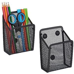 Relaxdays pennenbak set van 2, magnetisch,metalen pennenhouder, HBD: 13,5 x 9,5 x 7 cm, pennen organizer, bureau, zwart