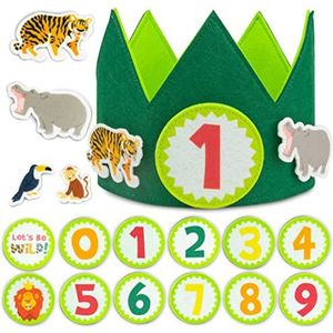 Jungle verjaardagskroon met verwisselbare getallen van 0 tot 9 & thematische figuren - BONNYCO | Verjaardagsgeschenken 1ste verjaardag jongens meisjes, Safari feestversiering, 1ste verjaardagskroon