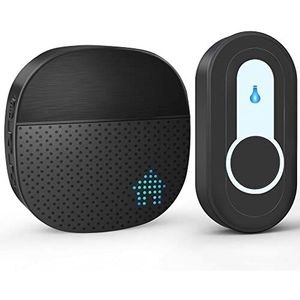 SURFOU Draadloze deurbel, 400 m bereik, voor huisdeur, IP55, waterdicht, draadloze deurbelzender met batterijen met 55 beltonen, 5 volumes, led-knipperen, zwart