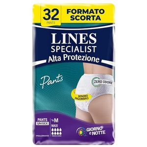 Lines Specialist Pants Maxi Unisex, incontinentie-onderleggers voor dames en heren, hoge bescherming tot 12 uur, maat M, maandelijkse voorraad, 4 verpakkingen met elk 8 stuks