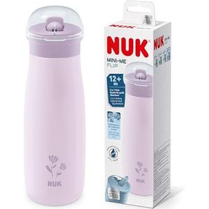NUK Mini-Me Flip met rietje voor kleine kinderen, vanaf 12 maanden, 500 ml, roestvrijstalen waterfles voor kinderen, lekvrije stabiele drinkopening, onbreekbaar, paarse bloem