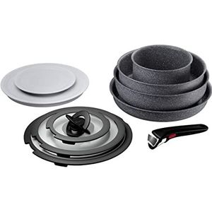 Lagostina Ingenio Mineralis Eco Pannenset met antiaanbaklaag van 100% gerecycled aluminium, geschikt voor inductie, 10 stuks, braadpan 16 cm, pan 28 cm, pan 24 cm, wok 26 cm, 5 deksels en handgreep