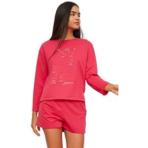 Trendyol Dames Grafisch Midden Gebreid T-shirt-Korte Pyjama Set, Fuchsia, L