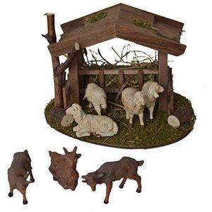 Alfred Kolbe Krippen AM 31 Kerststal accessoireset schuilplaats 18 x 14,5 x 13 cm met 4 witte schapen en 3 geiten voor figuren van 10-12 cm