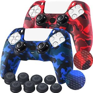 YoRHa Studded Print Siliconen Hoes Cover Skin Case voor PS5 Controller x 2 (Rood+Blauw) Met Pro Opzetstukken Thumb Grips x 10
