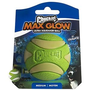 Chuckit! Max Glow Ultra Squeaker Ball hondenspeelgoed, duurzaam hoge bounce drijvende rubberen piepende hondenbal, oplaadbare gloed in the dark launcher compatibel speelgoed voor honden, 1 pak, medium