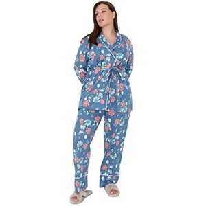 Trendyol Dames Bloemen Gebreide Shirt-Broek Plus Size Pyjama Set, Blauw, XXL grote maten
