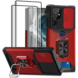 Jusy Portemonnee-hoes voor Samsung Galaxy S22 Ultra en 2 schermbeschermers, met verschuifbare camerabehuizing, kaartsleuf en magnetische standaardring, heavy duty hoes van militaire kwaliteit (rood)