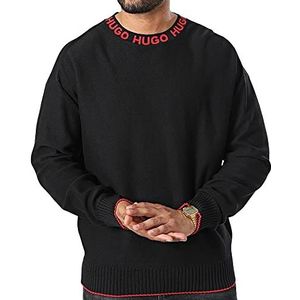 HUGO Smarlo Oversize-pullover voor heren, van biologisch katoen met logo-kraag, zwart, M