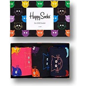 Happy Socks Cat Gift box, kleurrijke en leuke, Sokken voor Dames en Heren, Zwart-Blauw-Groente-Oranje-Lila-Geel 3 paar (41-46)