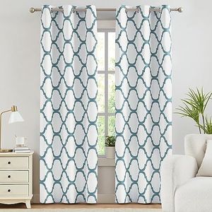 Melodieux Marokkaanse mode thermisch geïsoleerde kamer verduistering verduisterende tule gordijnen voor woonkamer, 106 bij 203 cm, Off White/Dusty Teal (2 panelen)
