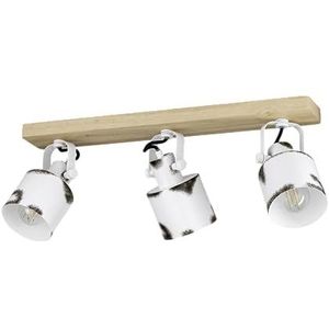 EGLO Plafondspot Kilburn, 3-lichts plafondlamp met verstelbare spots, FSC100HB, spotbalk in landelijke stijl van wit metaal en natuurlijk hout, spotrail met E27 fitting