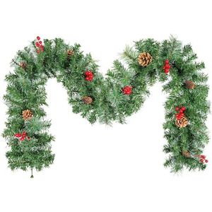 Kerstslinger, Uten 2,7 m Kerst open haard slinger, met dennennaalden, dennenappels en rode bessen kunstmatige krans, slinger voor open haard, trap, deur, kerstboom, kerstdecoratie