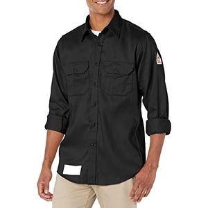 Bulwark FR Flame Resistant 6 oz Cotton/Nylon Excel FR ComforTouch Regular Uniform Shirt with Straight Back Yoke, Topstitched Cuff, Navy, Large