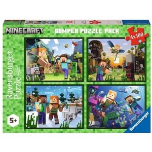 Ravensburger - Puzzel Minecraft collectie 4 x 100 bumper verpakking, 4 puzzels met 100 stukjes, puzzel voor kinderen, aanbevolen leeftijd 5+ jaar