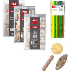 TOX hout-set (384 dlg.) met miniset Boltfix- /Biscuit- /Cookie-Wood + timmermanspotloden in 3 neonkleuren, houten en platte deuvels, dwars-houtschijven, 094909175