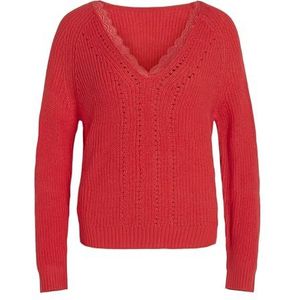 Vila Vioa L/S Rev Lace Knit Top gebreide trui voor dames, Poppy Red/Detail: kanten toon, XL